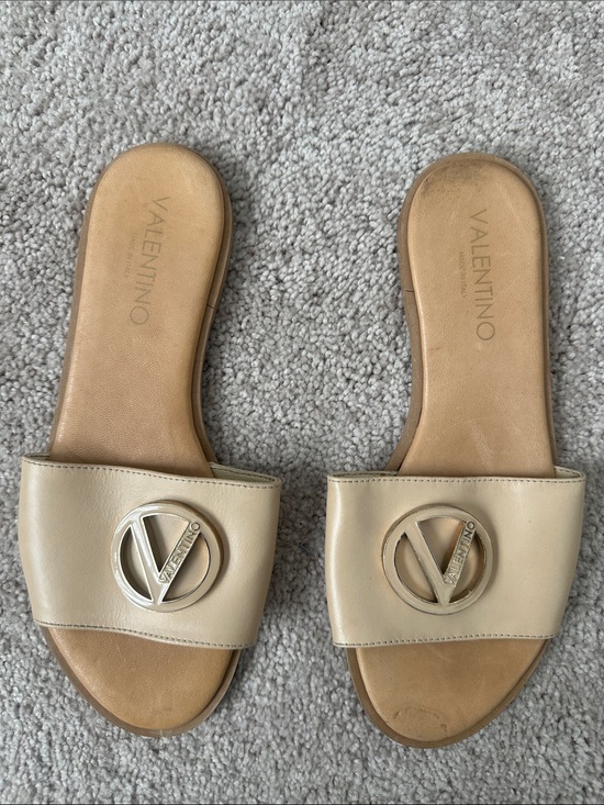 Valentino Shoes - Valentino Beige Logo Leather Slide Sandals